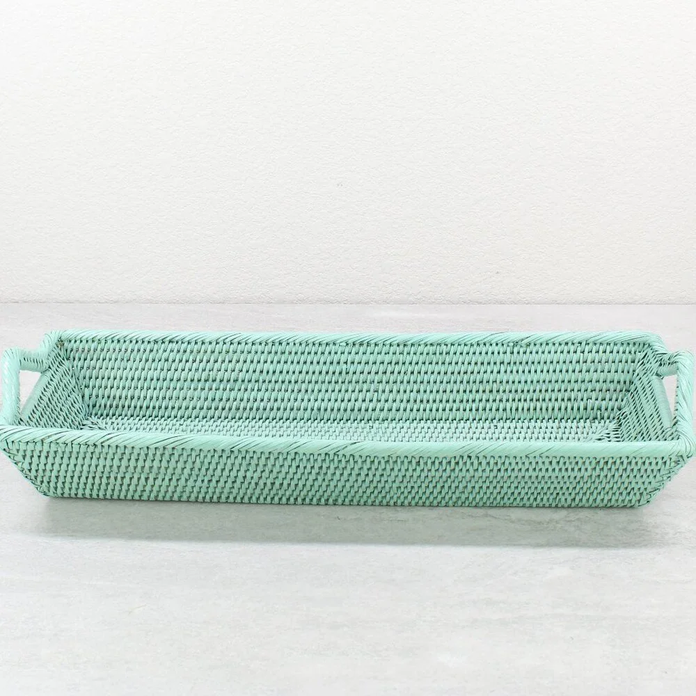 NEW Long Large Tight Woven Rattan Tray with Handles, Sage Leaf
